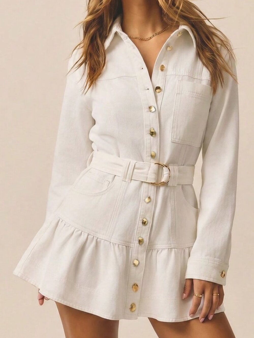 White Casual Women's Belted Button Front Ruffle Hem Denim Dress